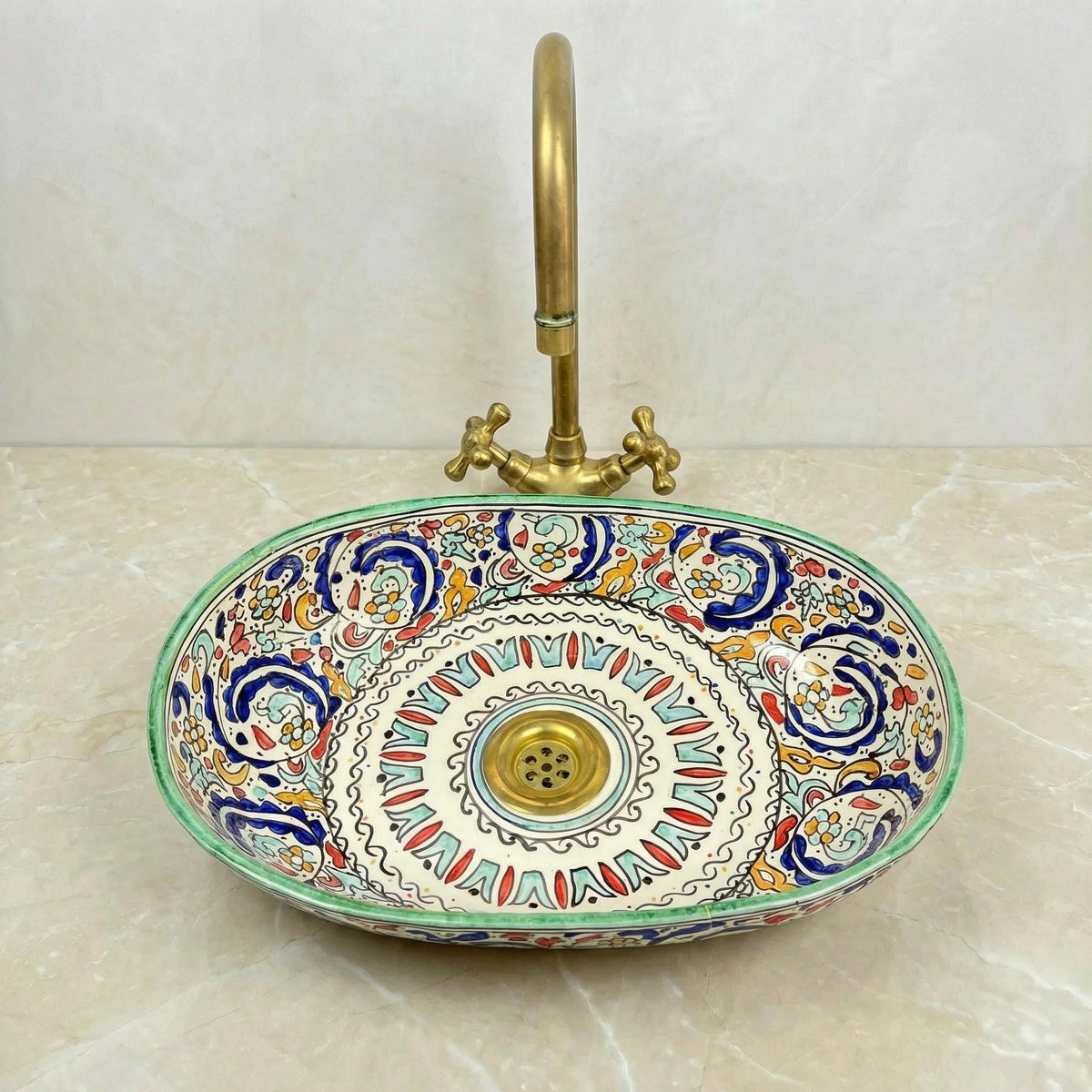 Teal Oval Vessel Sink, Fes Ceramic Porcelain 40 cm, Brass Drain Included