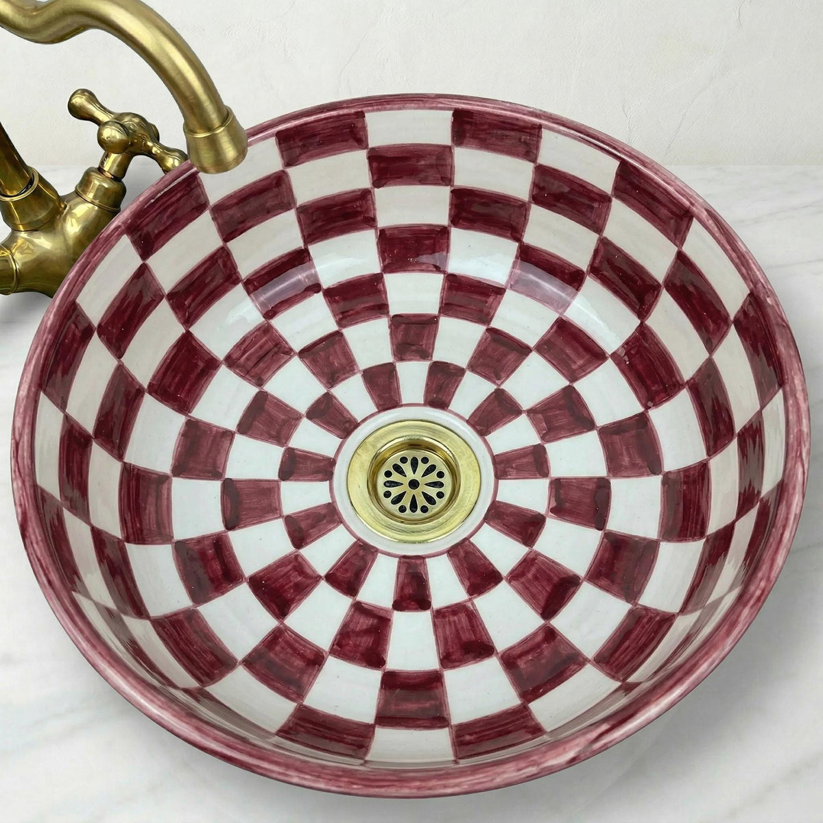 Moroccan Ceramic Vessel Sink, Burgundy Checkered 12" Brass Drains