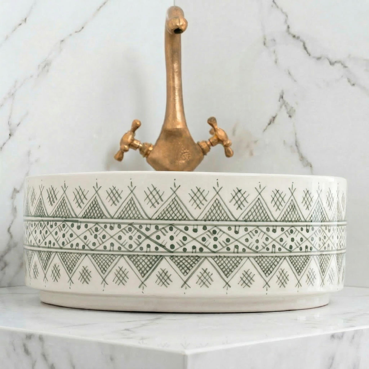 Handmade Ceramic Vessel Sink, Sage Green 14" Round Basin 6" Deep.