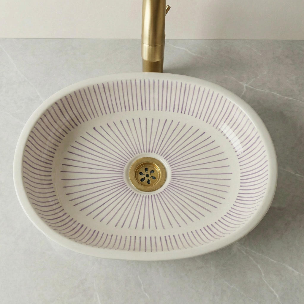 Moroccan Ceramic Sink, Orange Zellige Oval Basin 40Cm Brass Drain