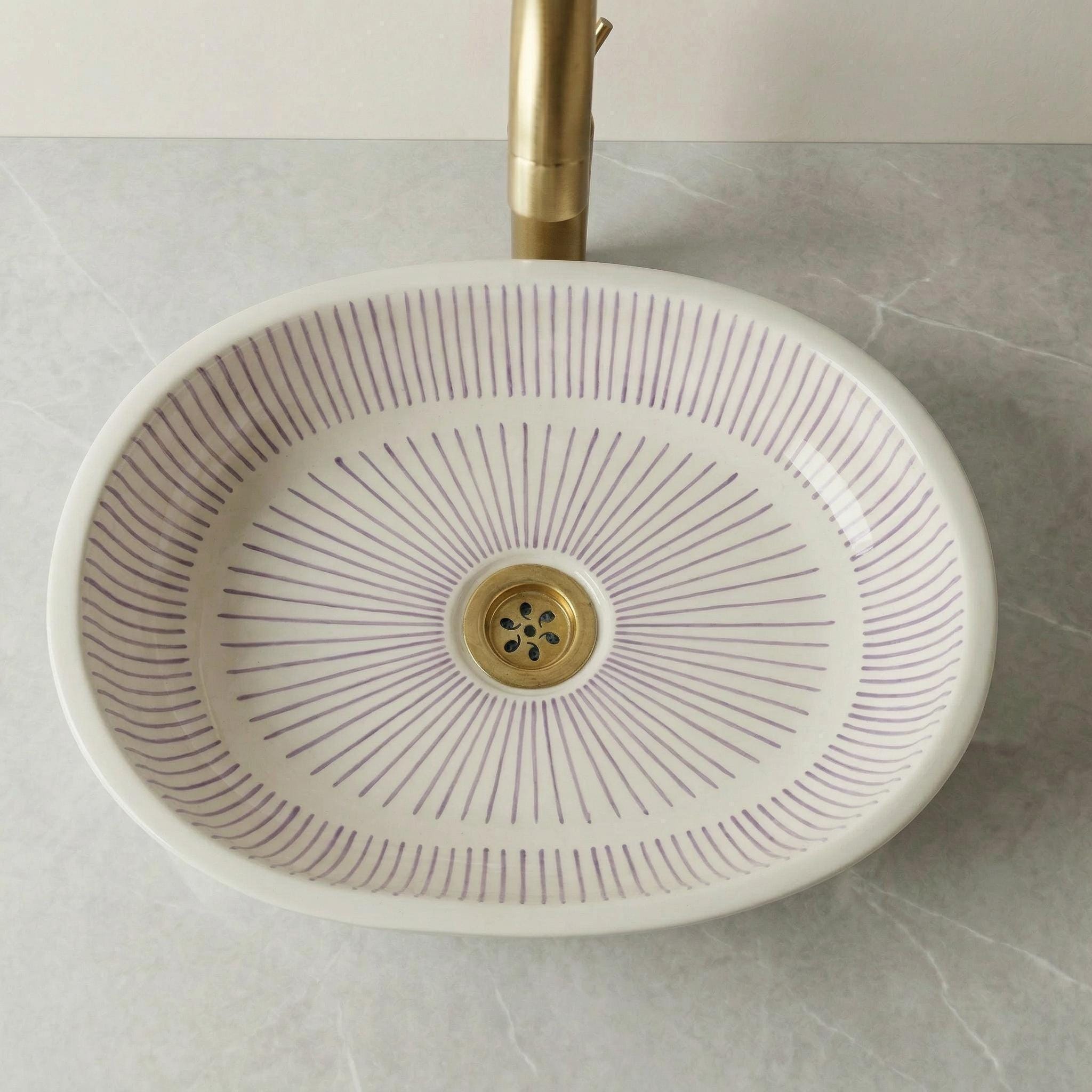 Moroccan Ceramic Sink, Orange Zellige Oval Basin 40Cm Brass Drain