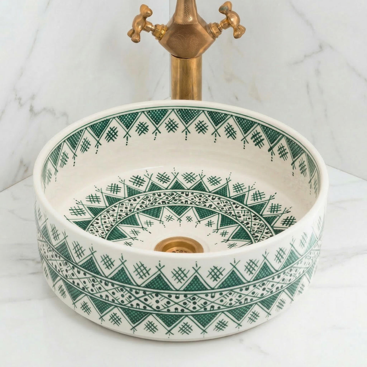 Ceramic Vessel Sink, Moroccan Green Marble, Handmade 8-16" Basin.