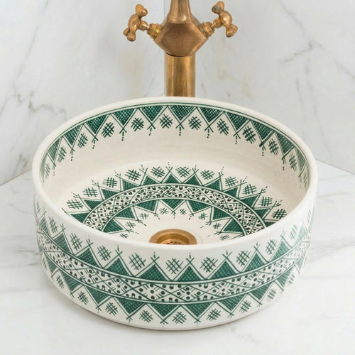Ceramic Vessel Sink, Moroccan Green Marble, Handmade 8-16" Basin.