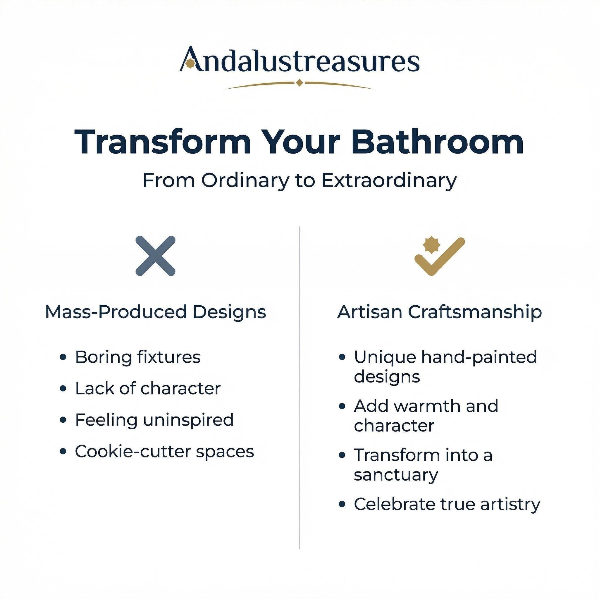 The image is a comparison between mass-produced designs and artisan craftsmanship, focusing on the transformation of a bathroom from ordinary to extraordinary.