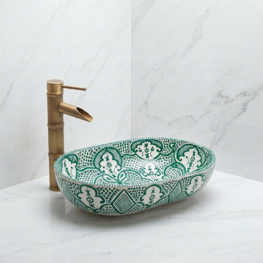 moroccan ceramic vessel sink, Sage Oval Handmade 38cm Brass Drain