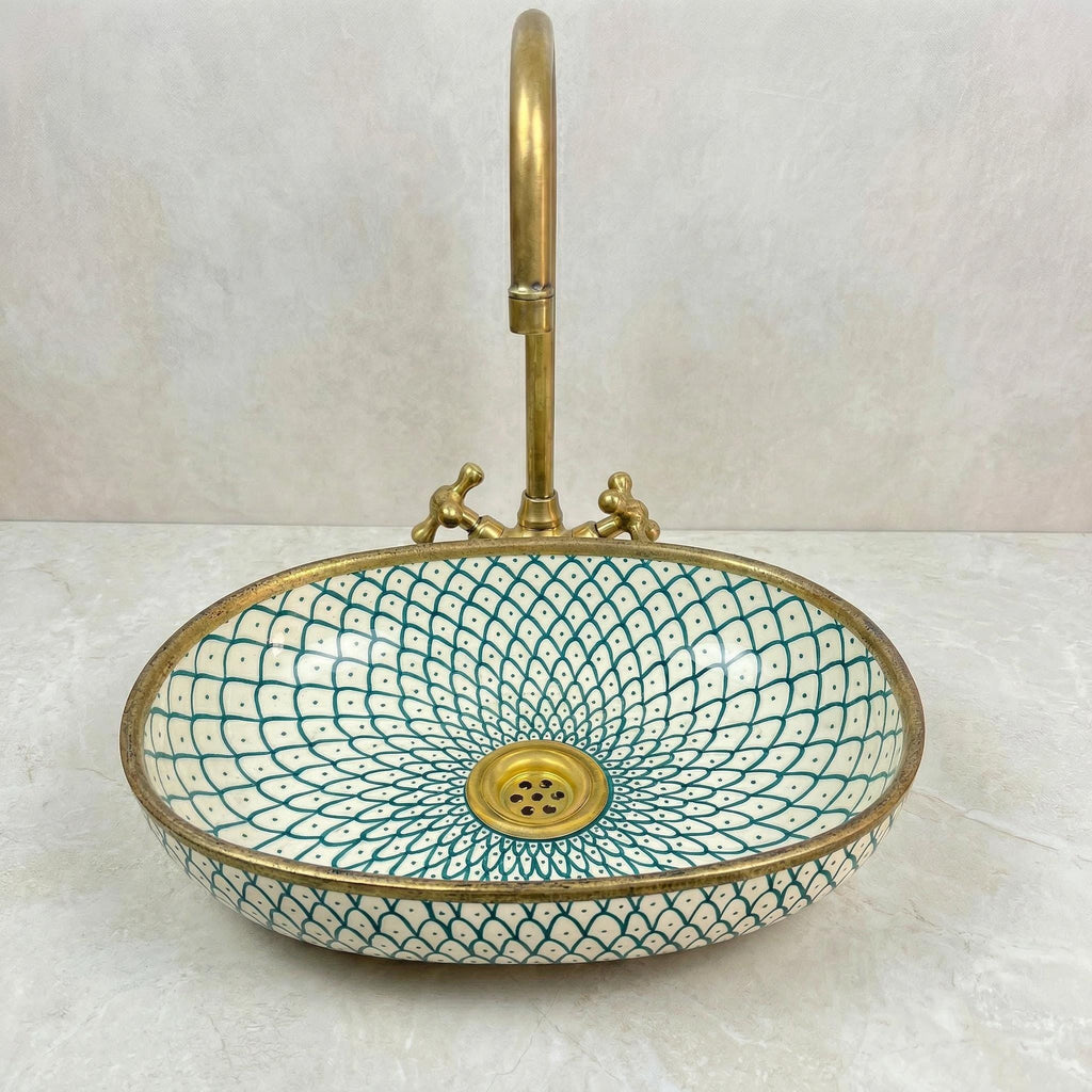 Handmade Ceramic Vessel Sink, Oval Teal Green, Gloss Porcelain New