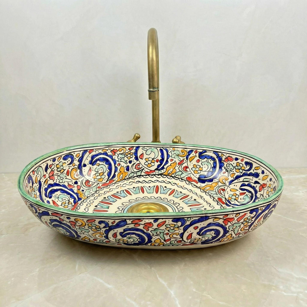 Teal Oval Vessel Sink, Fes Ceramic Porcelain 40 cm, Brass Drain Included