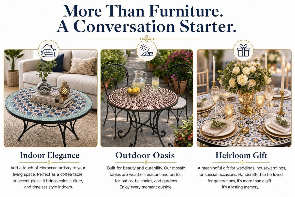 The image is a collage of three images showcasing different types of furniture and decor items, including a coffee table, outdoor oasis, and a Heirloom Gift.