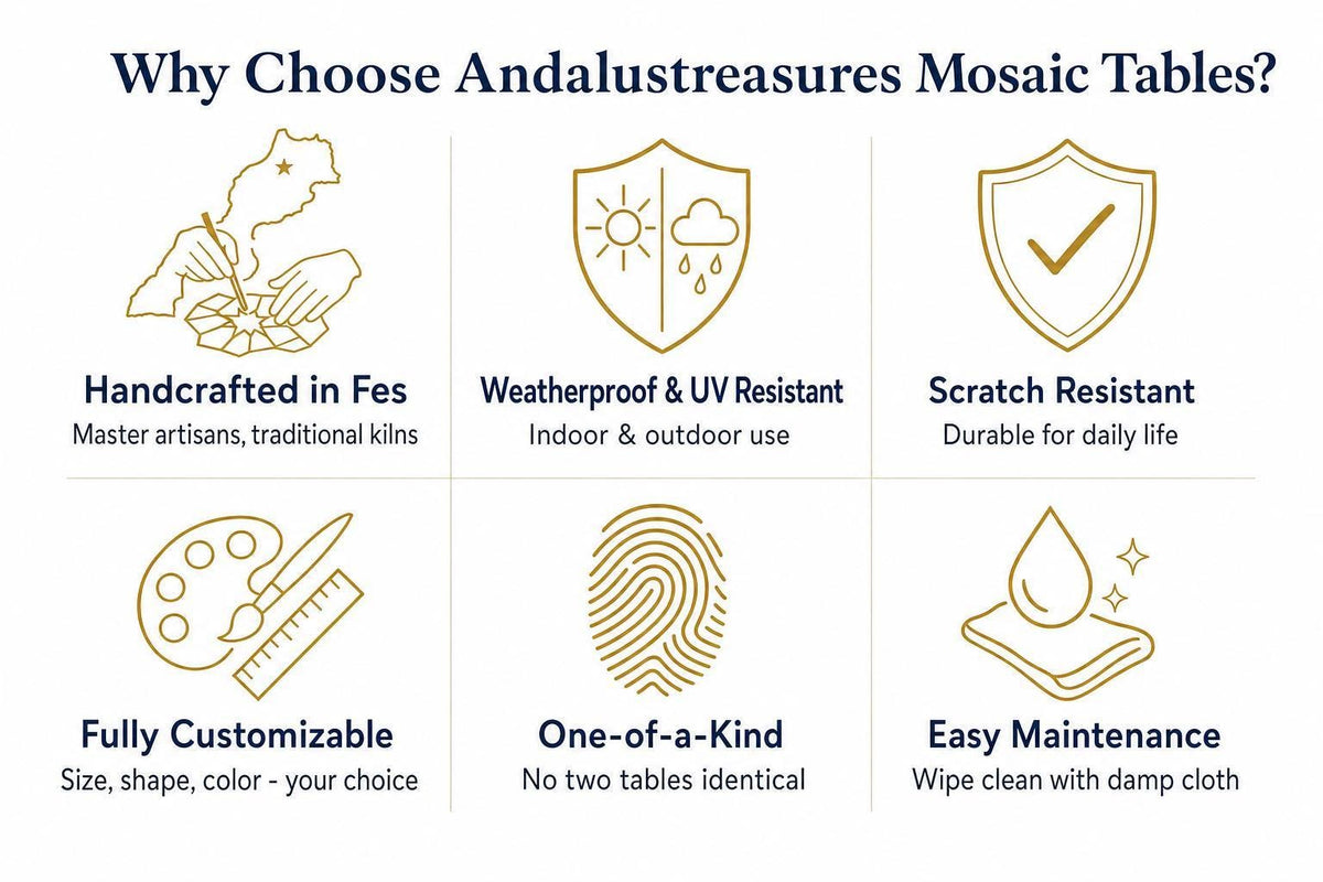 The image is a visual representation of the benefits of choosing and using mosaic tables, featuring six different types of mosaic tables with corresponding benefits.