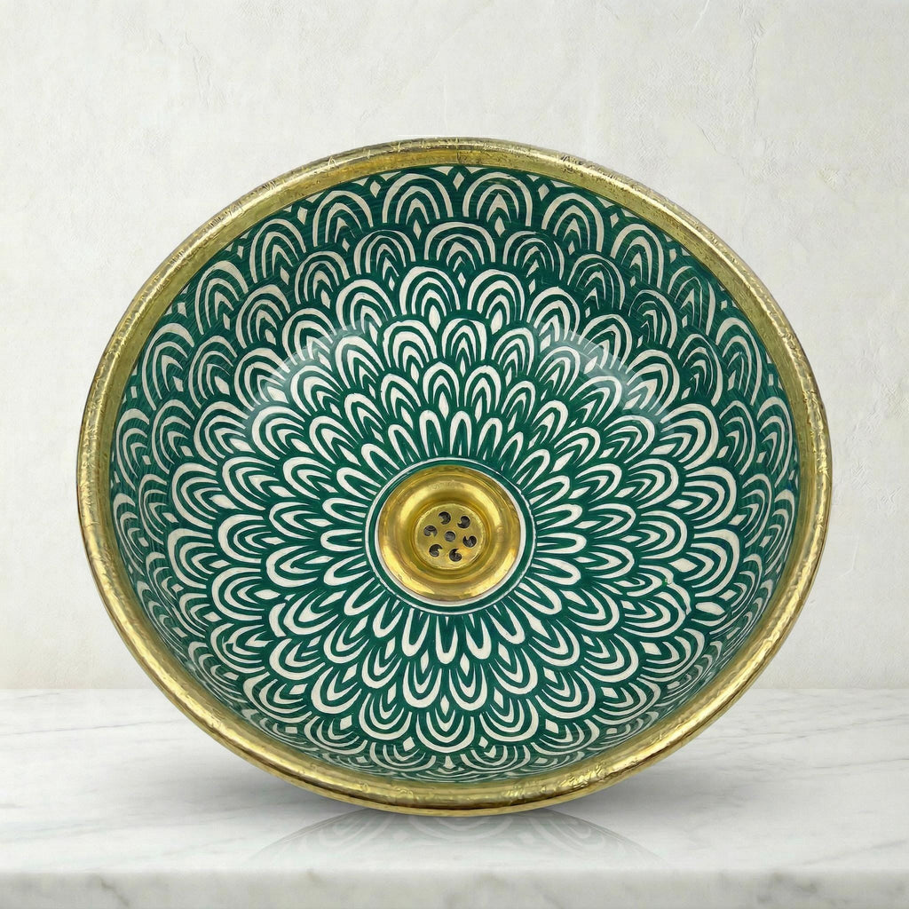 Moroccan Vessel Sink, Handcrafted Black Glazed Basin Brass Collar