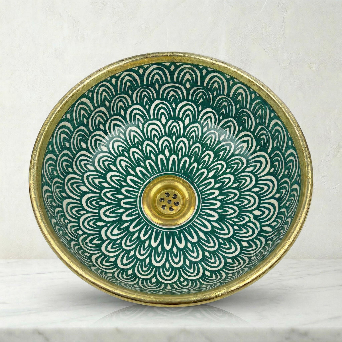 Moroccan Vessel Sink, Handcrafted Black Glazed Basin Brass Collar