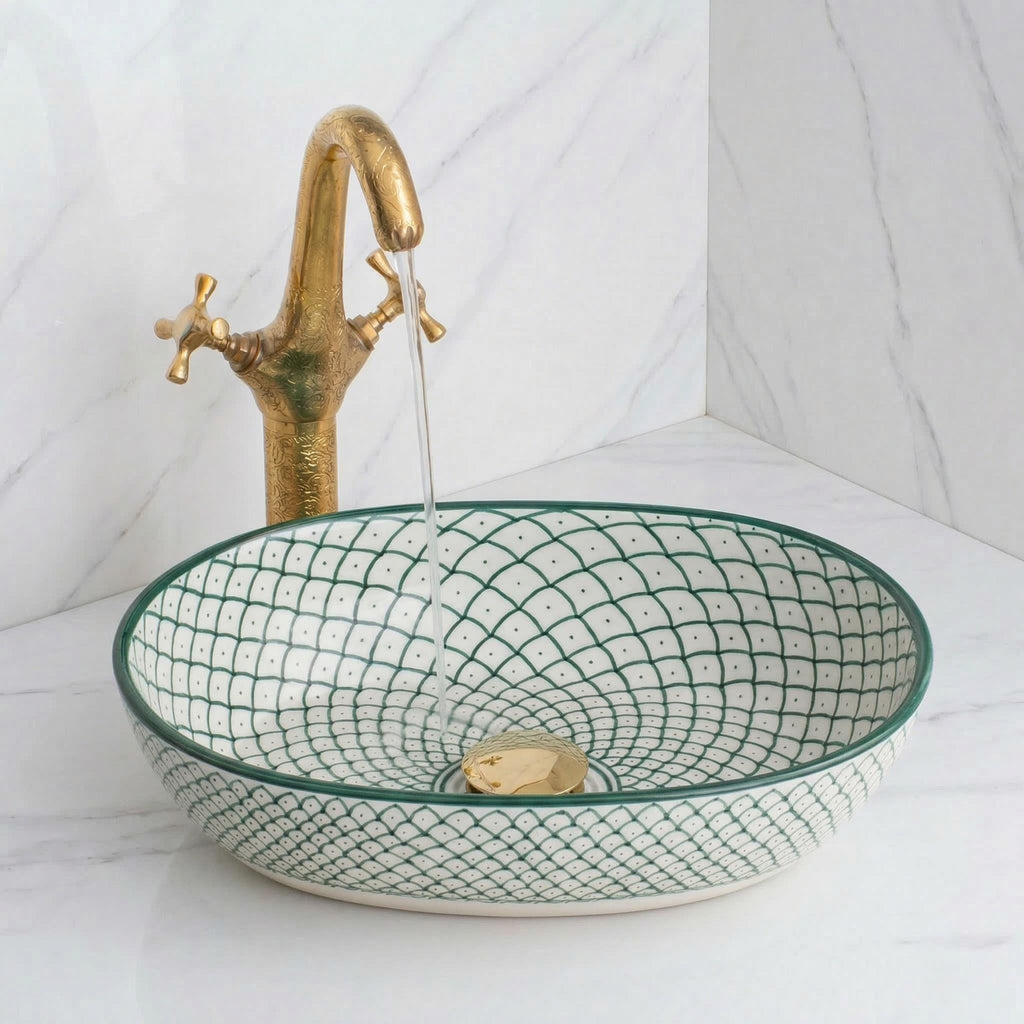 Moroccan Vessel Sink, Hand-Painted Green Oval Porcelain, 32-48 Cm.