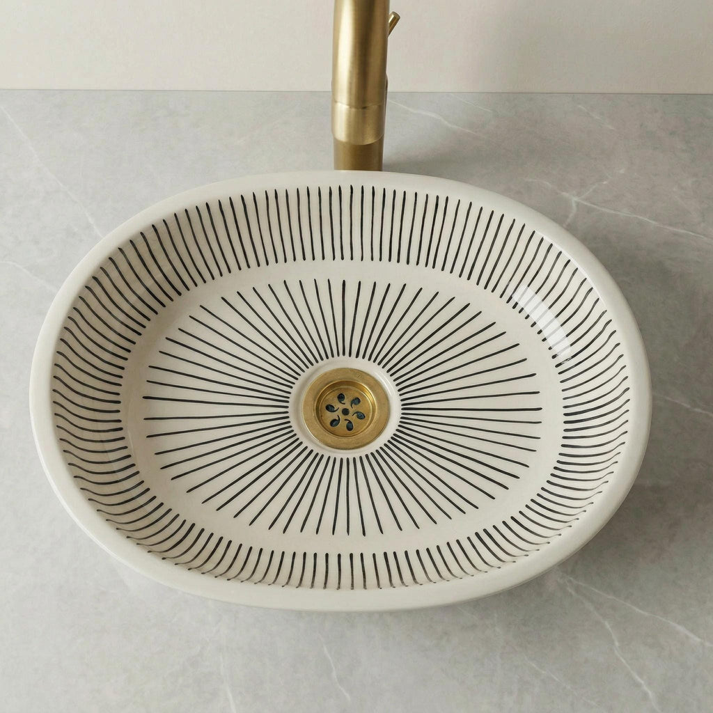 Moroccan Ceramic Sink, Orange Zellige Oval Basin 40Cm Brass Drain