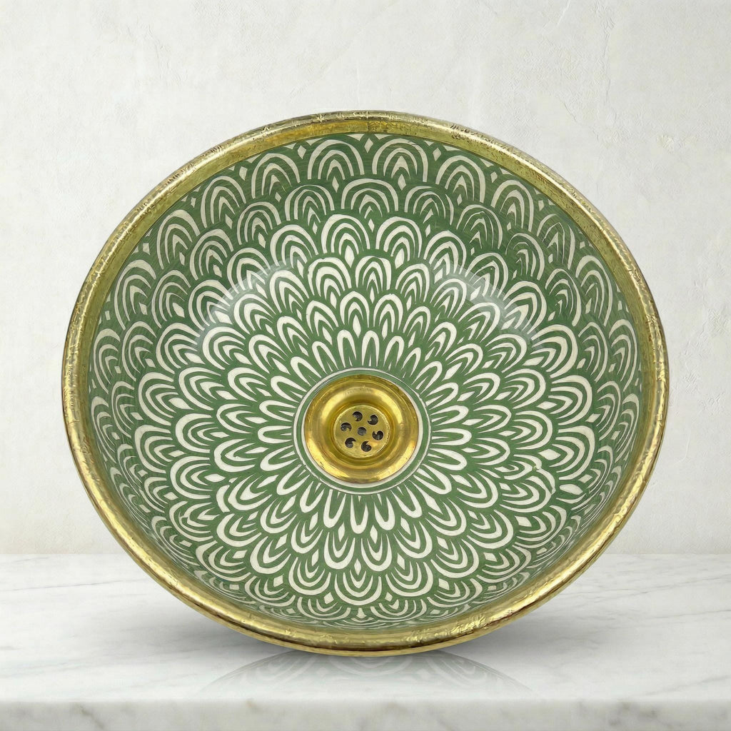 Moroccan Vessel Sink, Handcrafted Black Glazed Basin Brass Collar