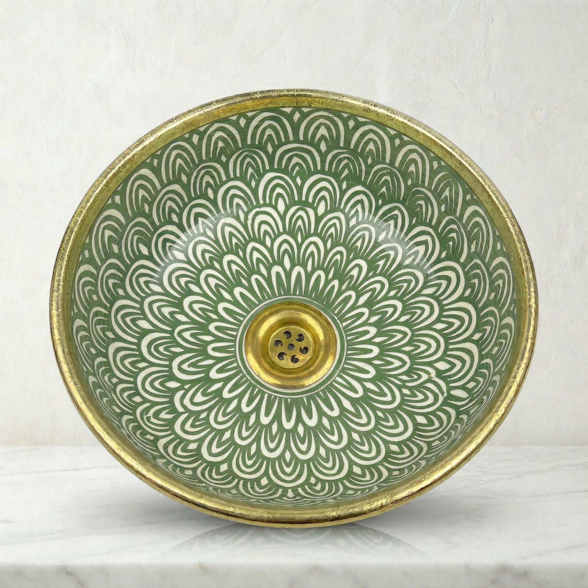 Moroccan Vessel Sink, Handcrafted Black Glazed Basin Brass Collar