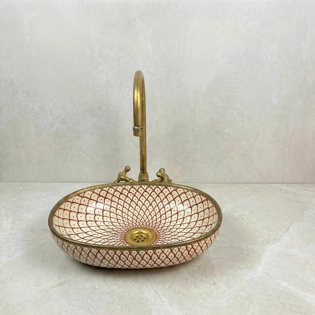 Oval Vessel Bath Sink, Hand-Made Porcelain Moroccan, Glossy 16x12