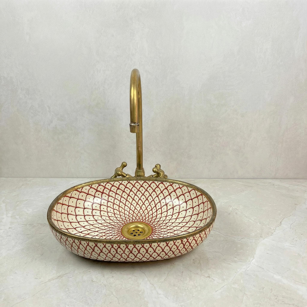 Oval Vessel Bath Sink, Hand-Made Porcelain Moroccan, Glossy 16x12