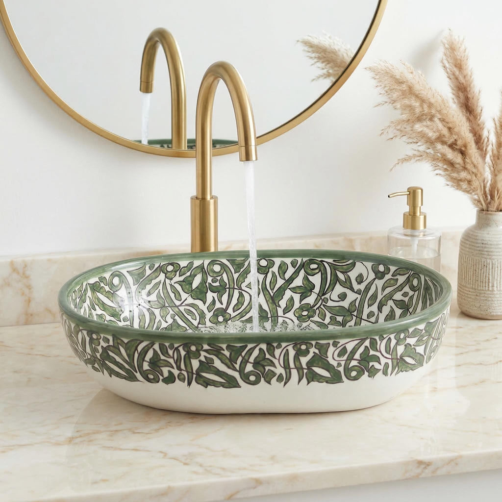 Moroccan Vessel Sink, Oval Porcelain Vanity Basin, White Gold 16in