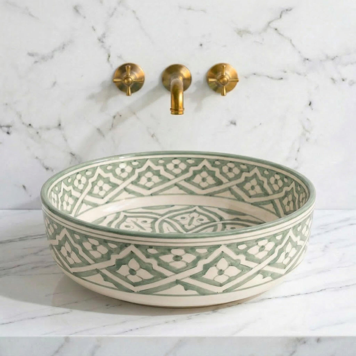 Ceramic Vessel Sink, Moroccan Hand-Painted Sage Green Basin, 12".