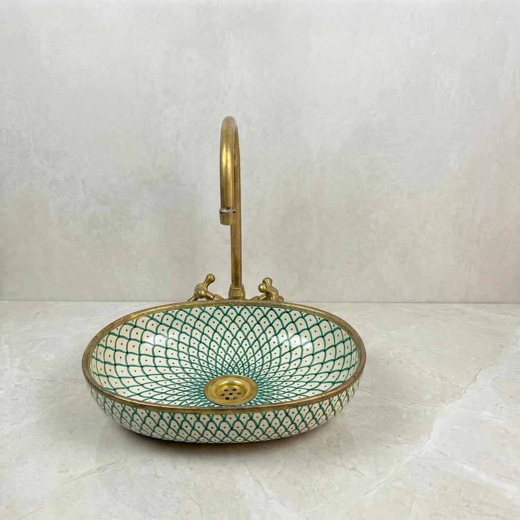 Oval Vessel Bath Sink, Hand-Made Porcelain Moroccan, Glossy 16x12
