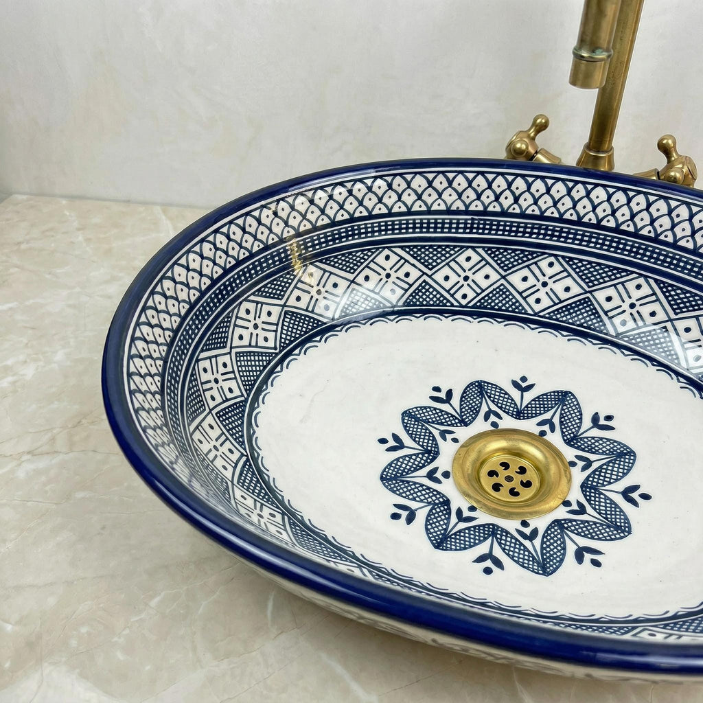 Moroccan Ceramic Vessel Sink, Oval Green Fishscale, Free Drain