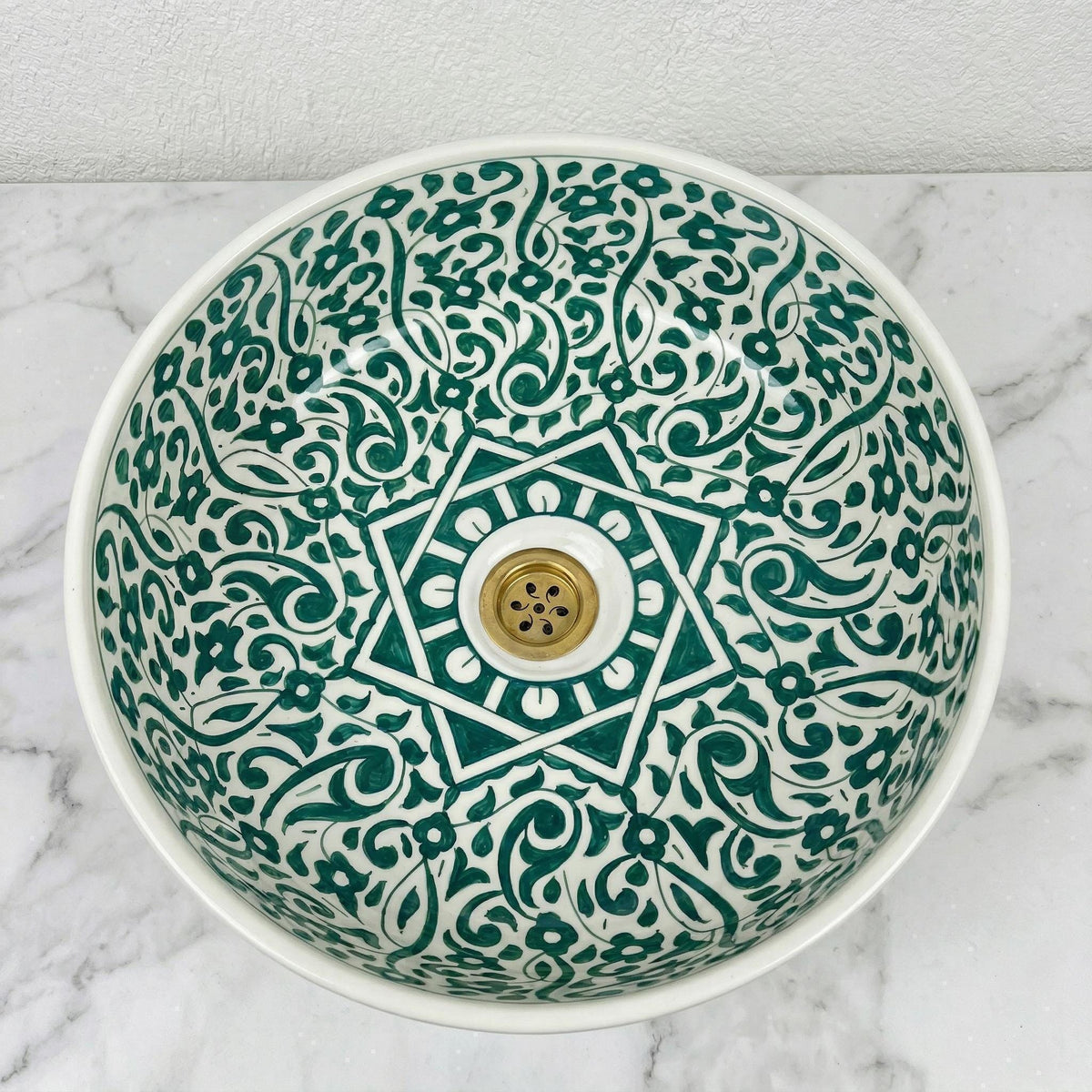 Sage Green Vessel Sink, Hand-Painted Moroccan Ceramic, 12 Inch XL