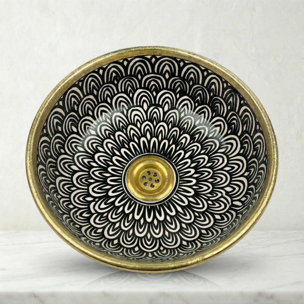 Moroccan Vessel Sink, Handcrafted Black Glazed Basin Brass Collar