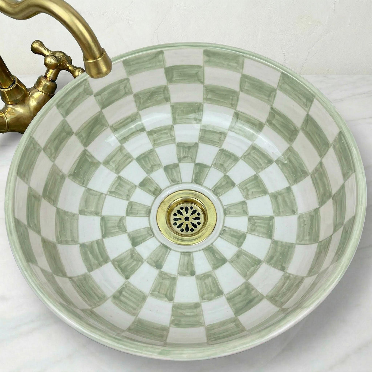 Sage Green Vessel Sink, Handcrafted Ceramic 12" Basin Brass Drain