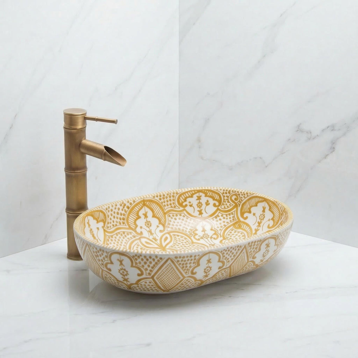 moroccan ceramic vessel sink, Sage Oval Handmade 38cm Brass Drain