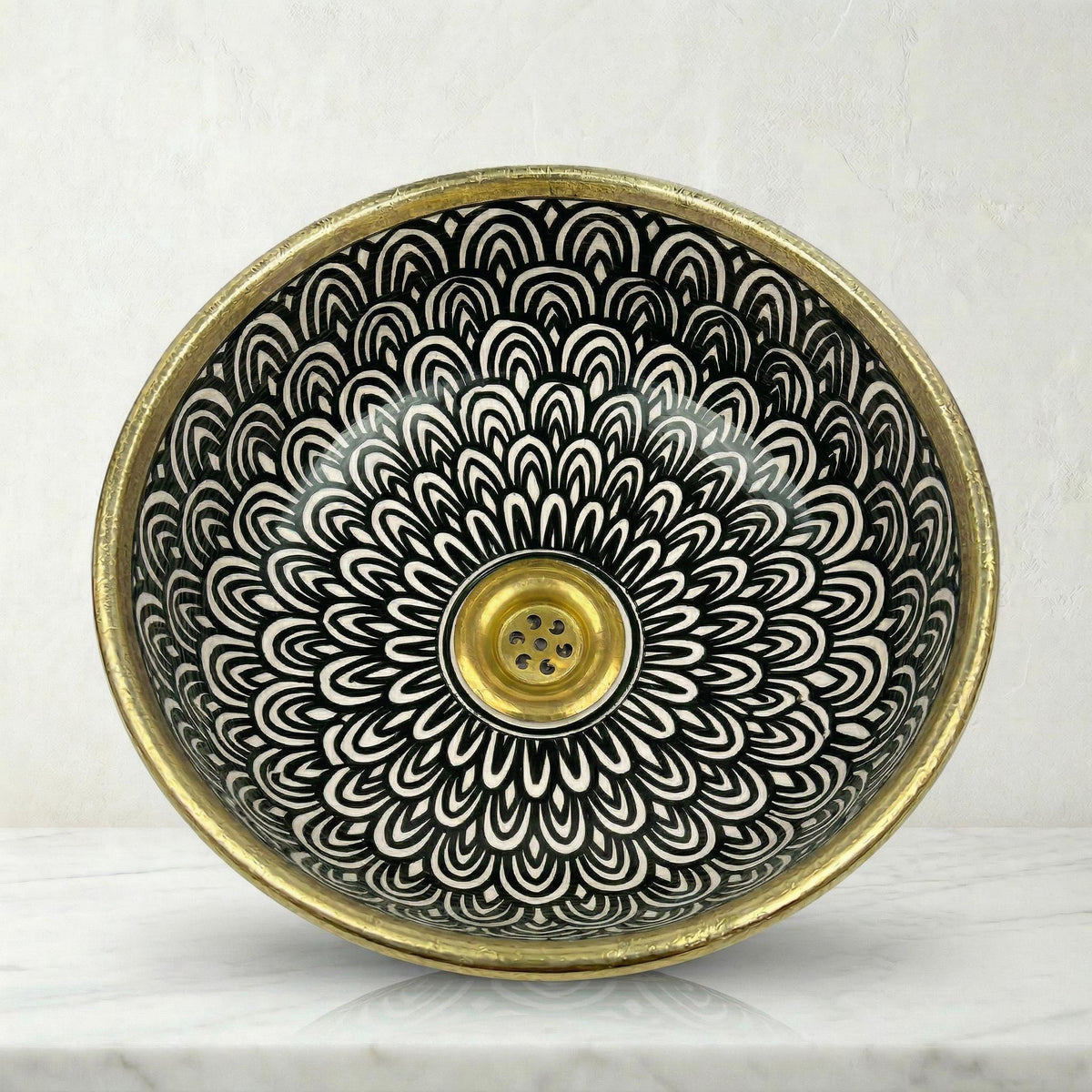 Moroccan Vessel Sink, Handcrafted Black Glazed Basin Brass Collar