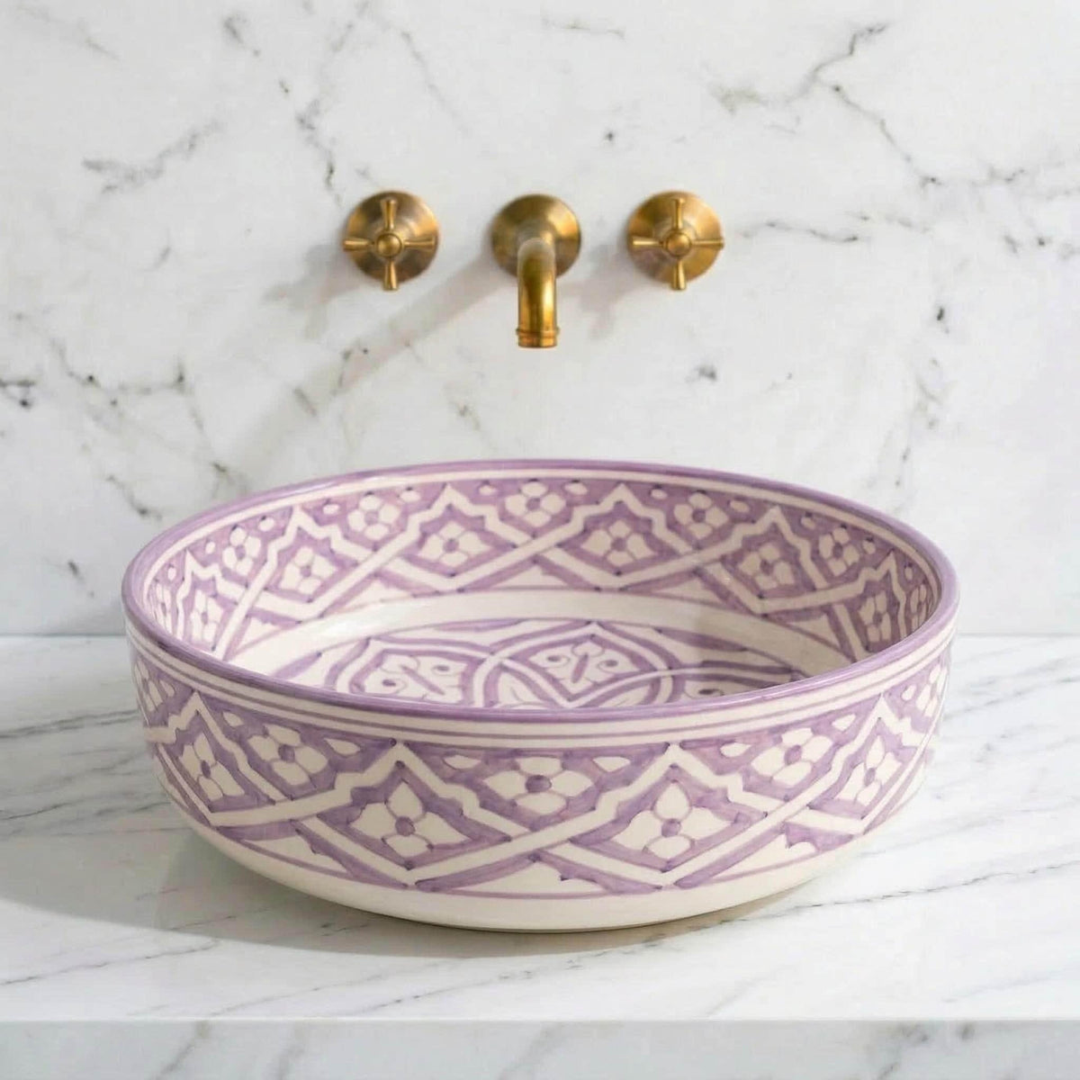 Ceramic Vessel Sink, Moroccan Hand-Painted Sage Green Basin, 12".