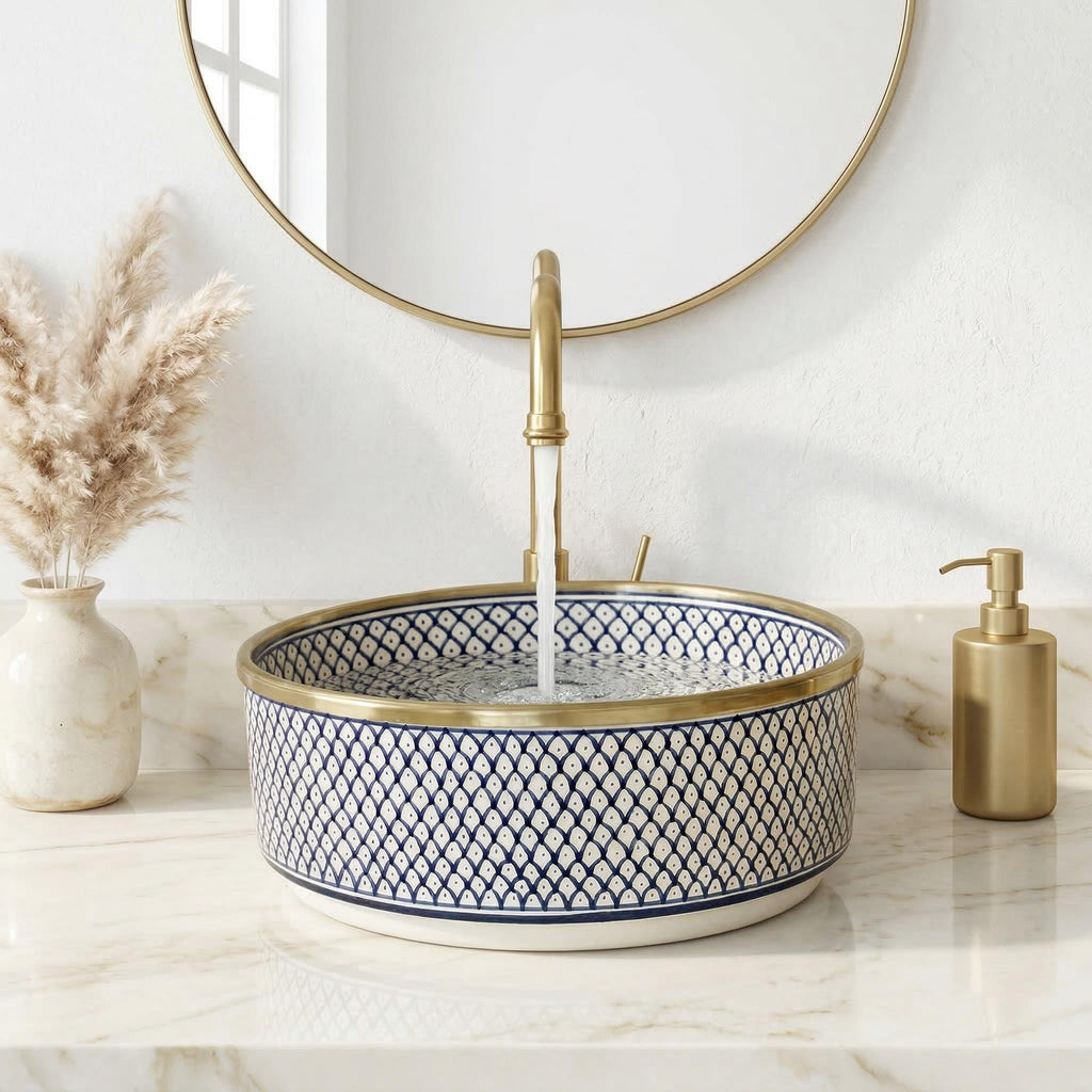 Navy Blue Vessel Sink Porcelain 12" Countertop Basin 14K Gold Rim