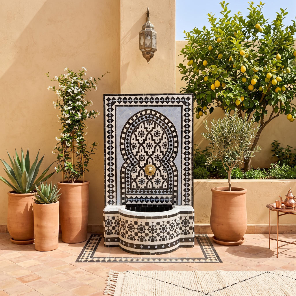 a decorative fountain with a mosaic design, surrounded by potted plants and a small tree. The fountain is situated in a courtyard with a tiled floor and a beige wall.