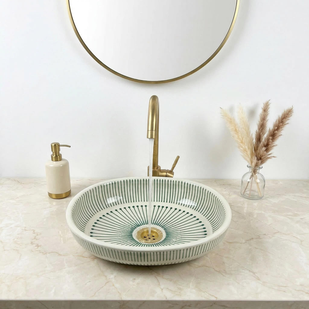 Moroccan Vessel Sink, Fez Pottery Oval Basin, 32-48cm Brass Drain