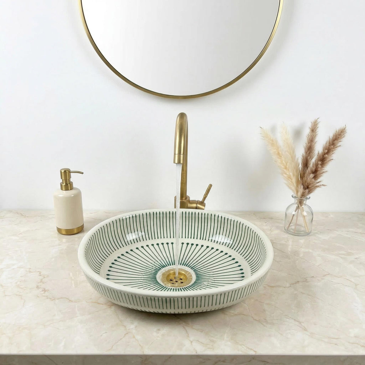 Moroccan Vessel Sink, Fez Pottery Oval Basin, 32-48cm Brass Drain