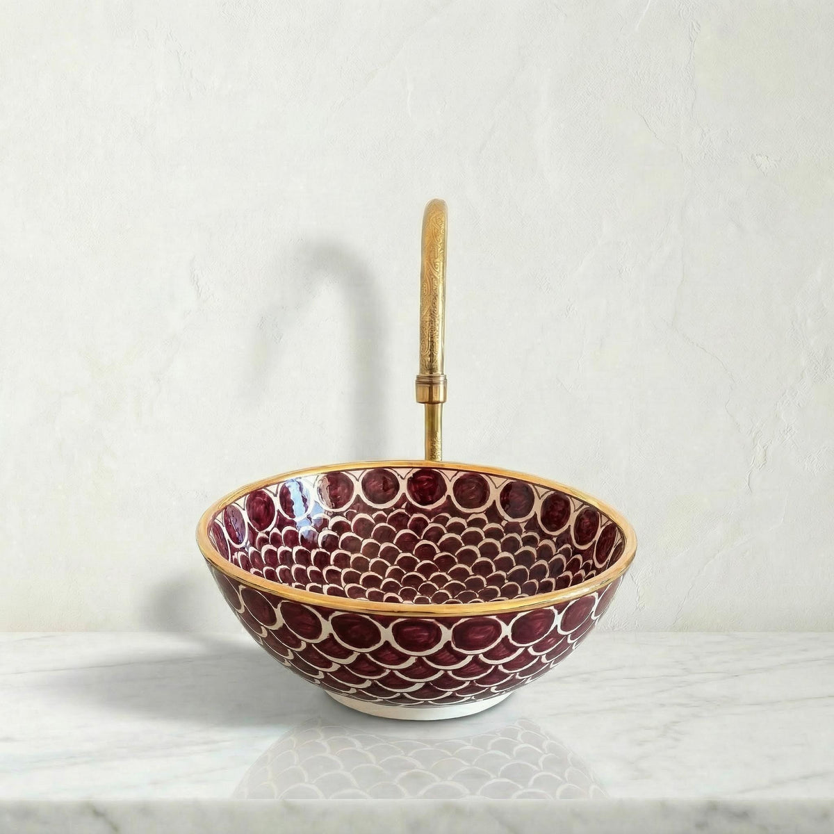 Moroccan Vessel Sink, Coral Pink Porcelain Basin, 14Kt Gold Rims.