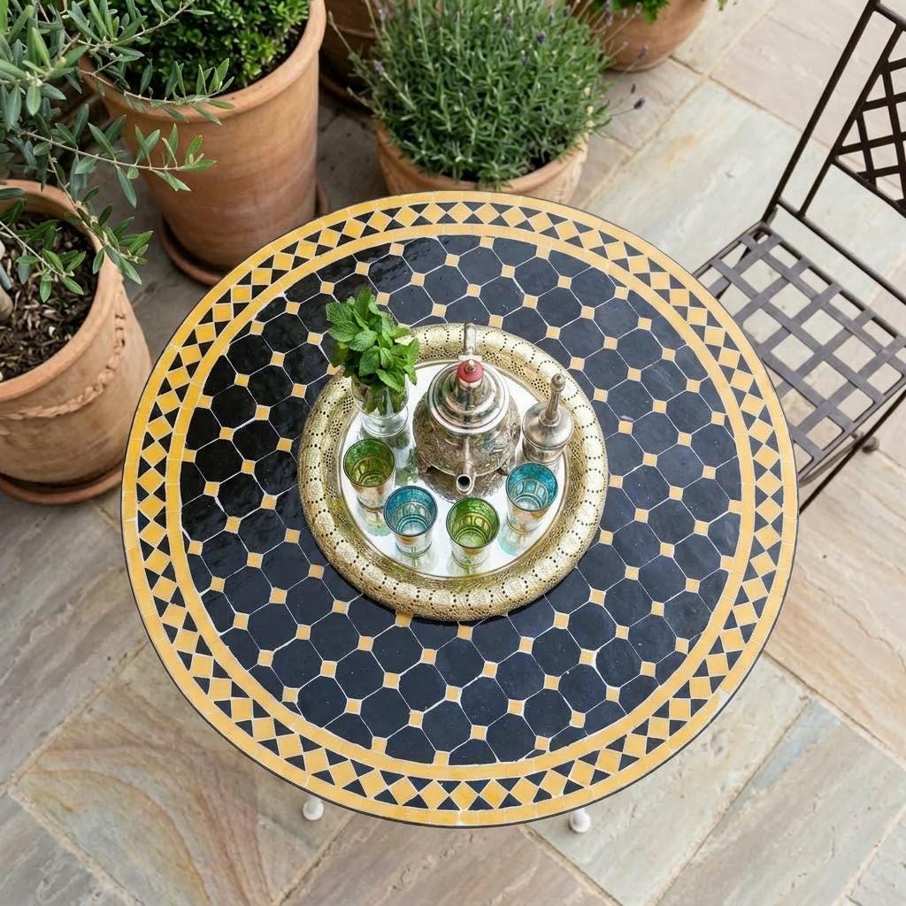 Zellige Tile Table, Boho Mosaic, Powder-Coated Iron Base 12–48 In