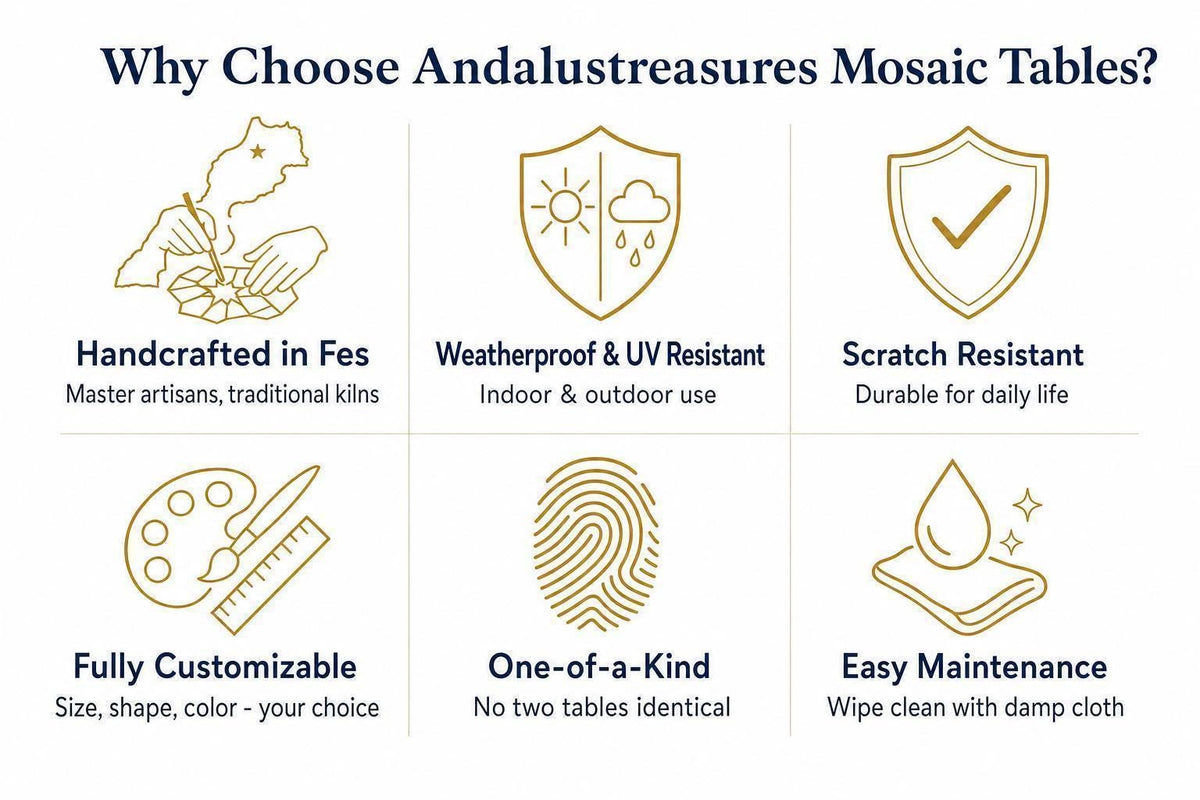 The image is a visual representation of the benefits of choosing and using mosaic tables, featuring six different types of mosaic tables with corresponding benefits.