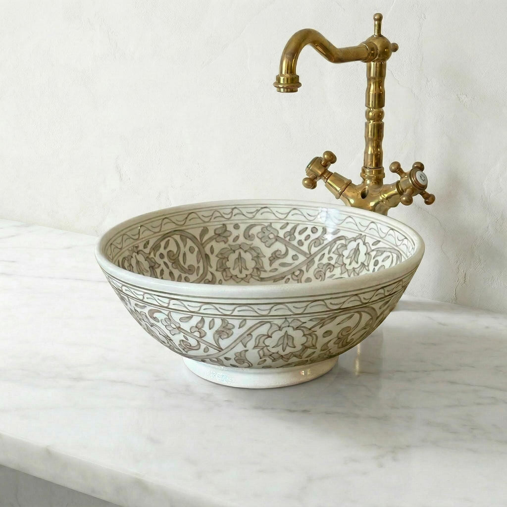 Sage Green Vessel Sink, Hand-Painted Ceramic Marble Finish, 8" Dia