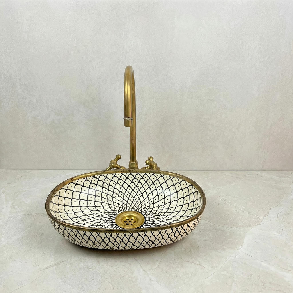 Oval Vessel Bath Sink, Hand-Made Porcelain Moroccan, Glossy 16x12