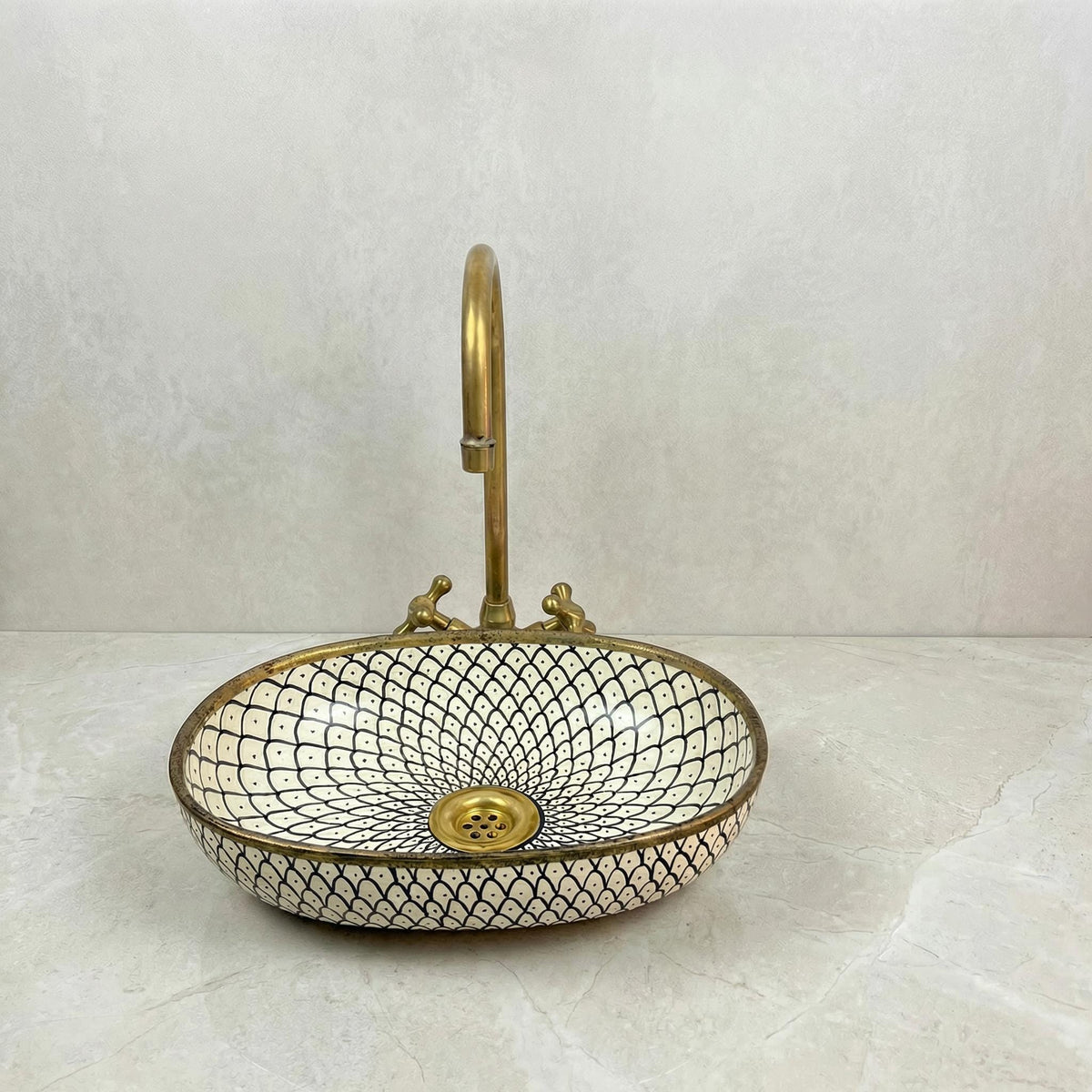 Oval Vessel Bath Sink, Hand-Made Porcelain Moroccan, Glossy 16x12