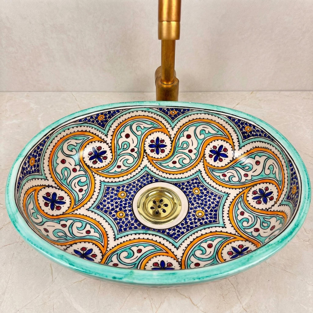 Moroccan Ceramic Vessel Sink, Oval Gloss Basin, Fes Made To Order