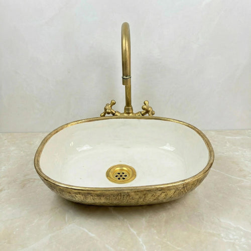 Handcrafted Oval Bathroom Sink, Porcelain Glossy White 40Cm Drain