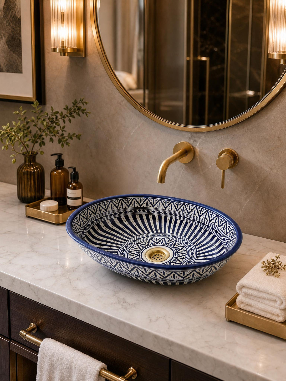 moroccan vessel sink, Oval Blue White Ceramic Basin 40cm From Fes