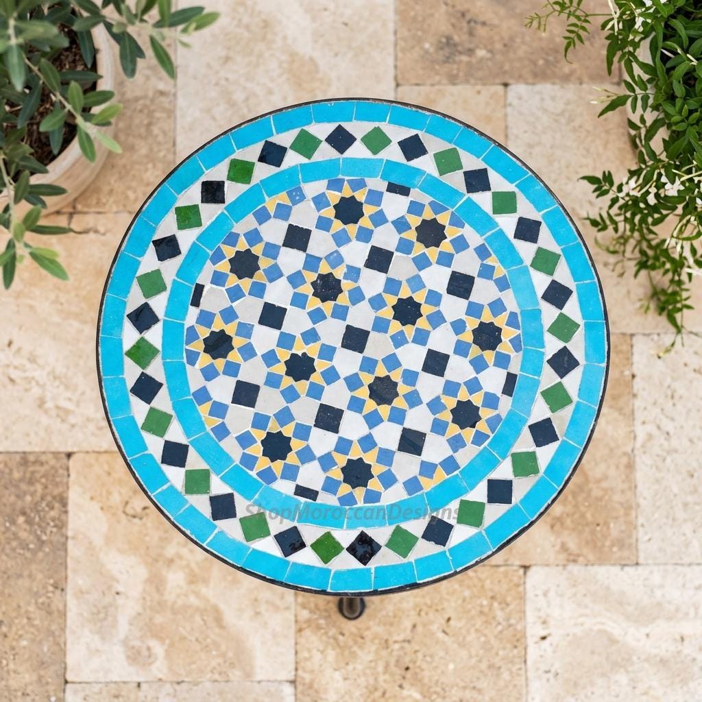 Moroccan Zellige Table', Handmade Mosaic Top, 12-48 In, Iron Base