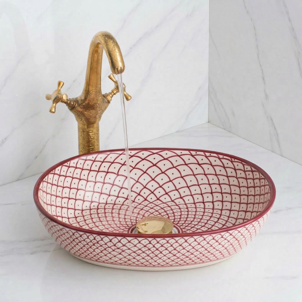 Moroccan Vessel Sink, Hand-Painted Green Oval Porcelain, 32-48 Cm.