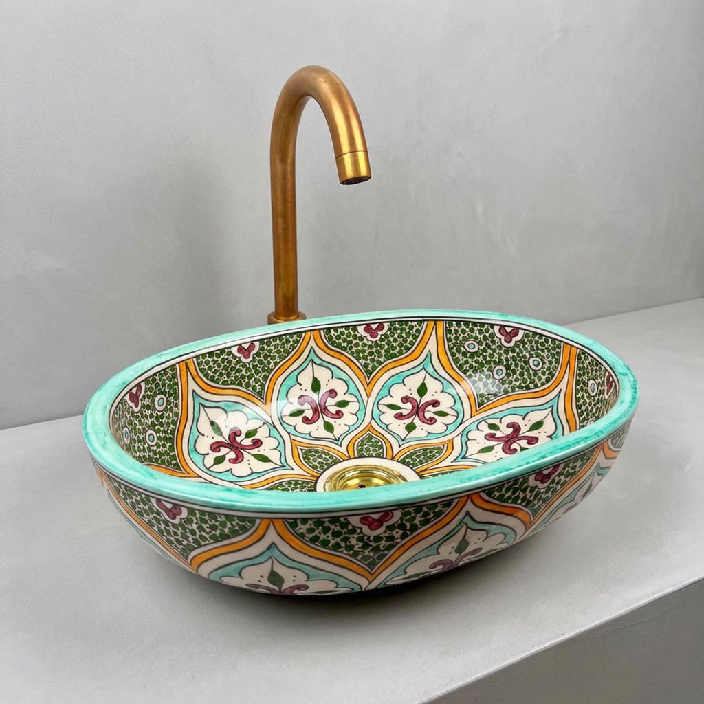 Ceramic Vessel Sink, Red Andalusian Oval 40cm, Brass Drain Incl.