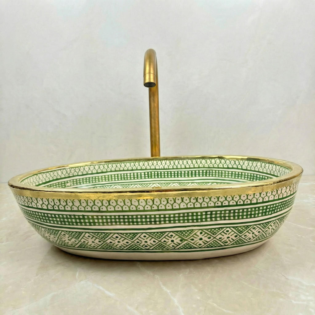 Sage Green Vessel Sink, Oval Hand-Glazed Porcelain 38x29–48x33 cm