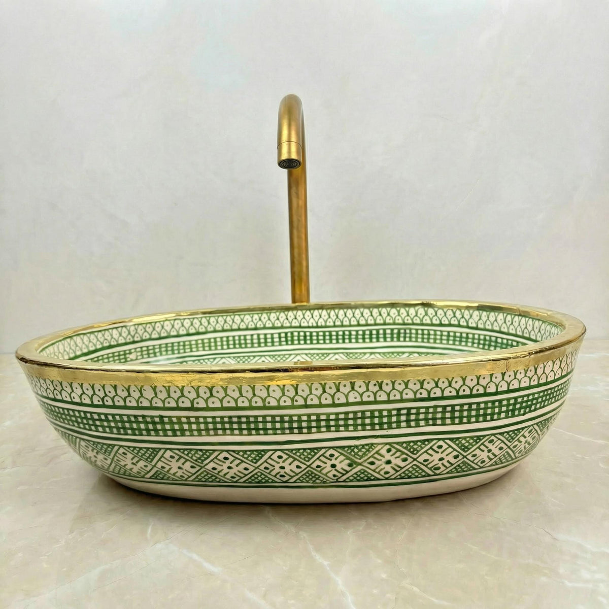 Sage Green Vessel Sink, Oval Hand-Glazed Porcelain 38x29–48x33 cm