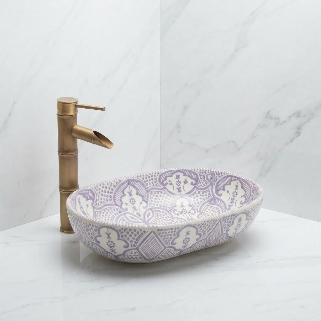 moroccan ceramic vessel sink, Sage Oval Handmade 38cm Brass Drain